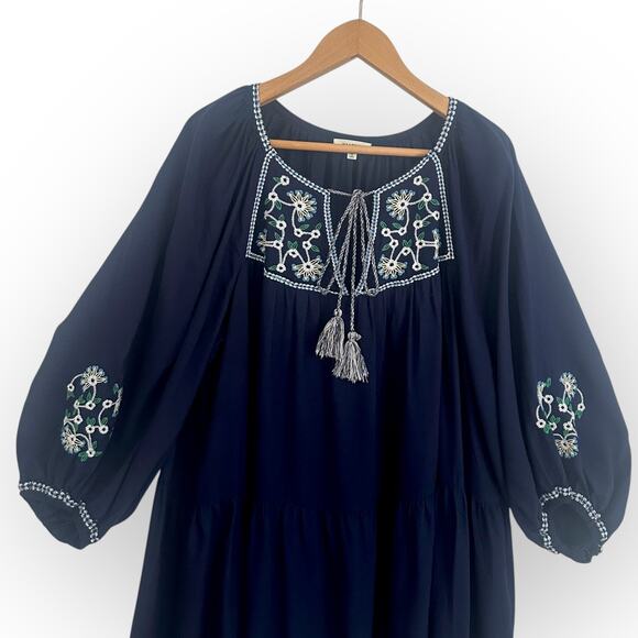 Max Studio Embroidered Peasant Dress Size XL Navy Blue Boho Oversized Tassel - Picture 2 of 11